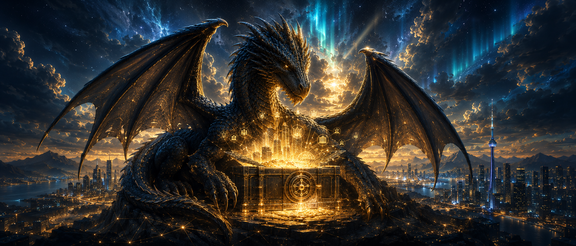 Dragon gardien protégeant un coffre de financement civique