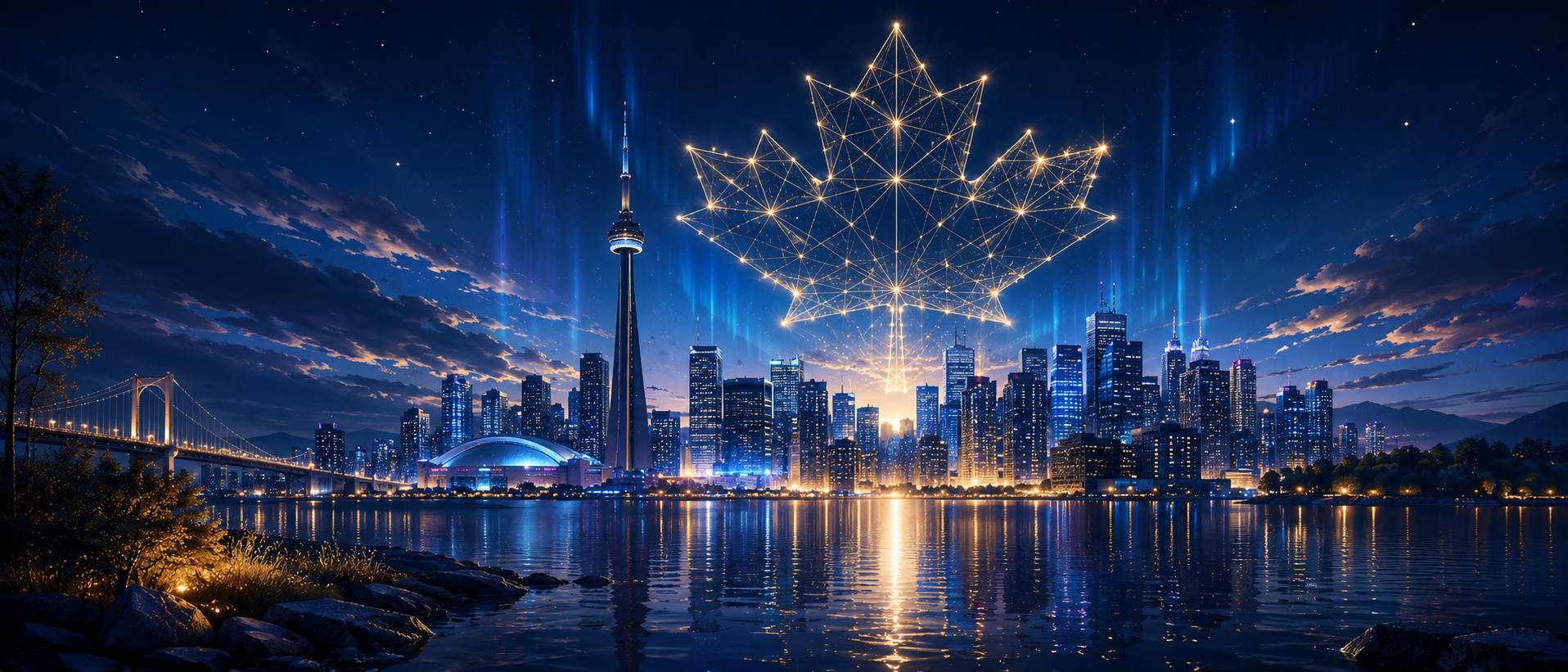 Ville canadienne lumineuse avec feuille d'érable connectée